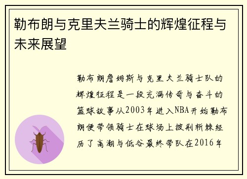 勒布朗与克里夫兰骑士的辉煌征程与未来展望
