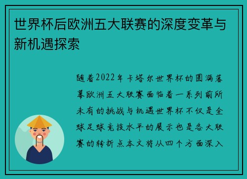 世界杯后欧洲五大联赛的深度变革与新机遇探索