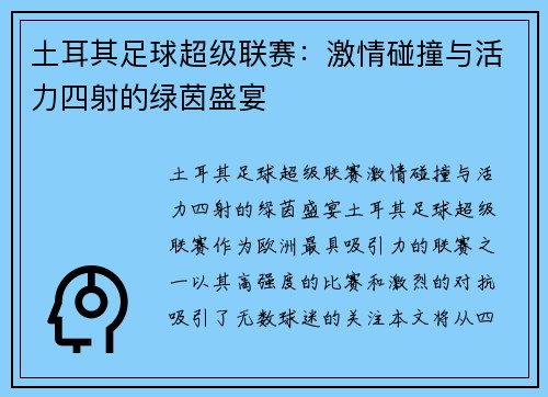 土耳其足球超级联赛：激情碰撞与活力四射的绿茵盛宴
